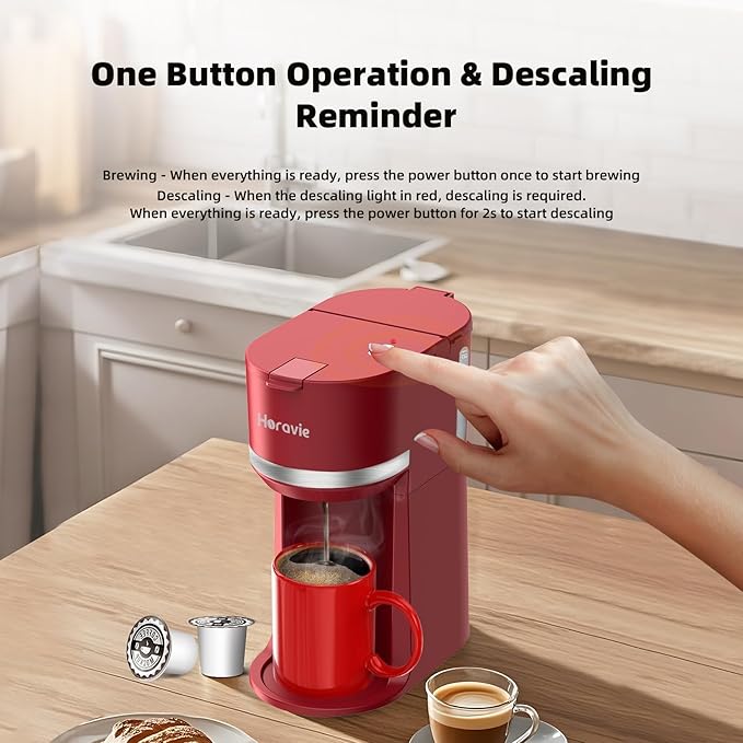 Mini Single Serve Coffee Maker for K Cup and Ground Coffee Fast Brew One Cup Coffee Machine with Descaling Reminder and Water Window 6 to 12 oz. Brew Sizes Red