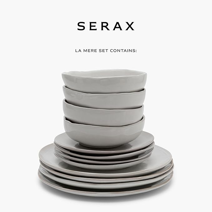 Serax 12-Piece Dinnerware Set for 4 | La Mère tableware by Marie Michielssen | 4 white Dinner Plates 4 Small Plates 4 Bowls | Stoneware Home Kitchen Essentials Sets | Dishware and Dishes
