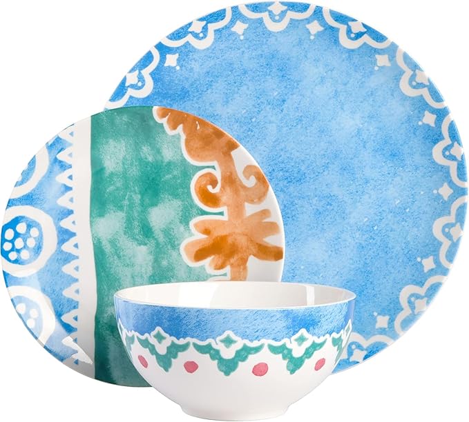 18-Piece Ceramic Dinnerware Set – Round Plates and Bowls with Colorful Patterns Microwave &amp Dishwasher Safe Tableware for 6 (Golen Blue)