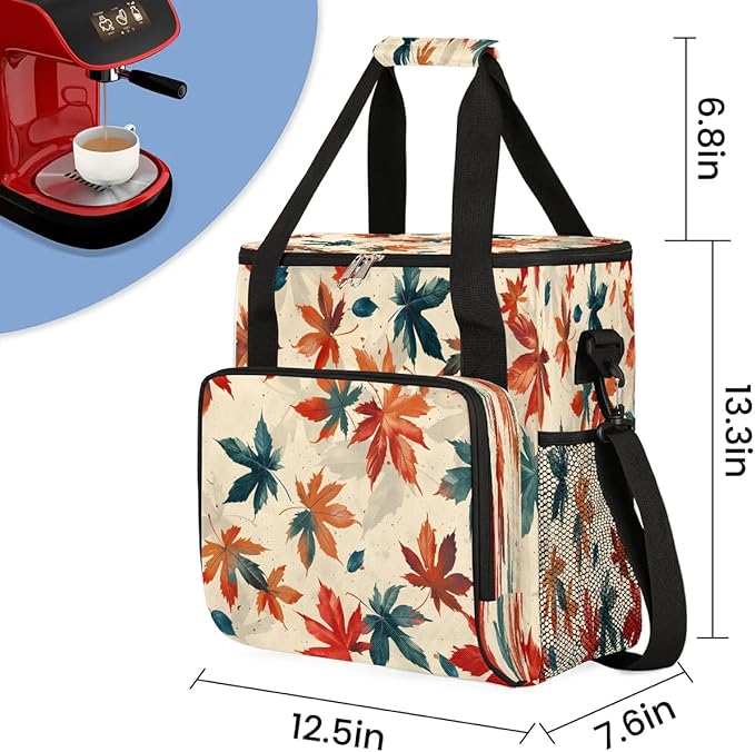 Maple Leaves Print Coffee Maker Carrying Bag Compatible with K-Mini or K-Mini Plus Portable Single Cup Coffee Maker Case with Pockets for K Cup Pods