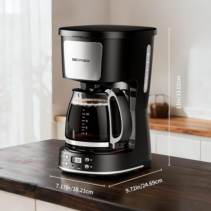 12-Cup Drip Coffee Maker with Reusable FilterProgrammable ClockAuto BrewWater WindowKeep Hot PlateGlass CarafeCompact Design for KitchenOfficeSilver and BlackStainless Steel