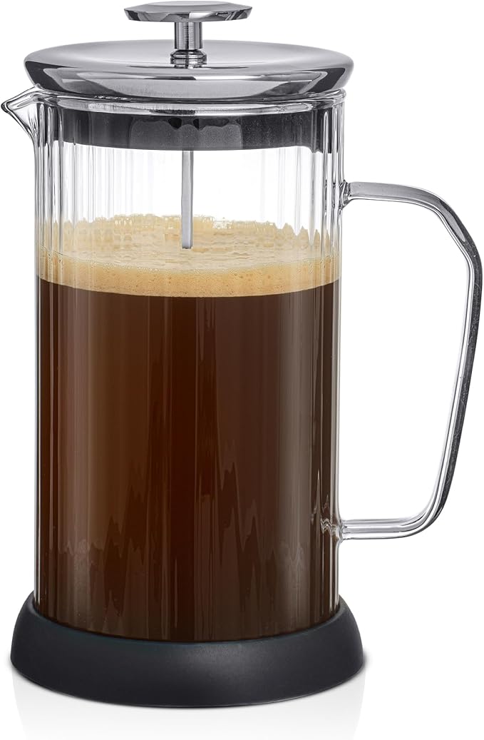 JoyJolt Fluted French Press Coffee and Tea Maker Set 33.8oz Stainless Steel Press Borosilicate Glass Coffee Press Cold Brew Portable French Press Tea Press Large clear