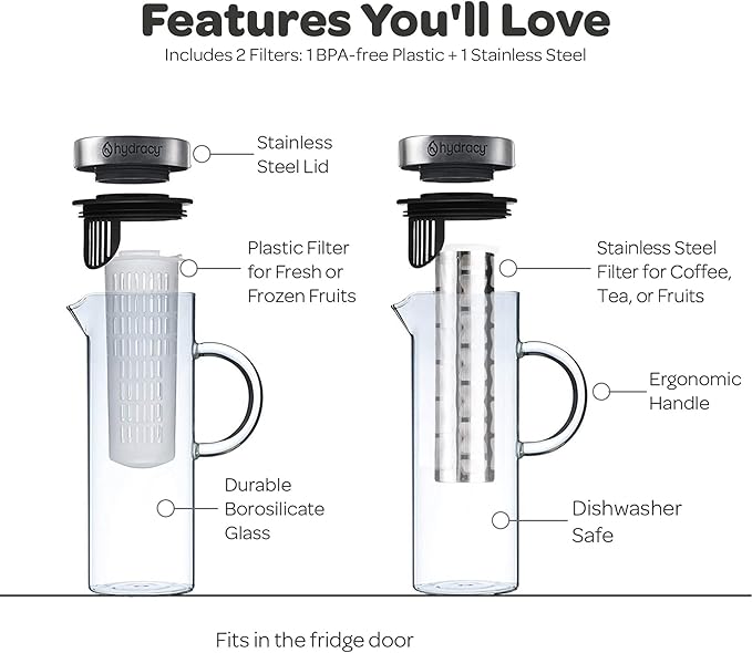 Cold Brew Coffee Maker - Large Glass Infusion Pitcher 1.6 Quarts 52oz - Iced Coffee &amp Iced Tea Pitcher with Stainless Steel Lid &amp Fruit Infusion Tube - Perfect for Home or Office
