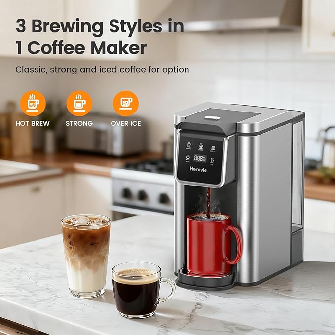 Single Serve Coffee Maker for K-Cup Pod and Grounds Hot and Iced Coffee Maker Strong Button Feature 6 to 14oz Brew Sizes 50oz Removable Tank Up to 6.5 Inch Cup Stainless Steel Grey