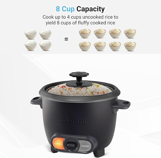 Courant Rice Cooker 8-Cup (Cooked) Removable Non-Stick Bowl One Touch Rice Cooker Black
