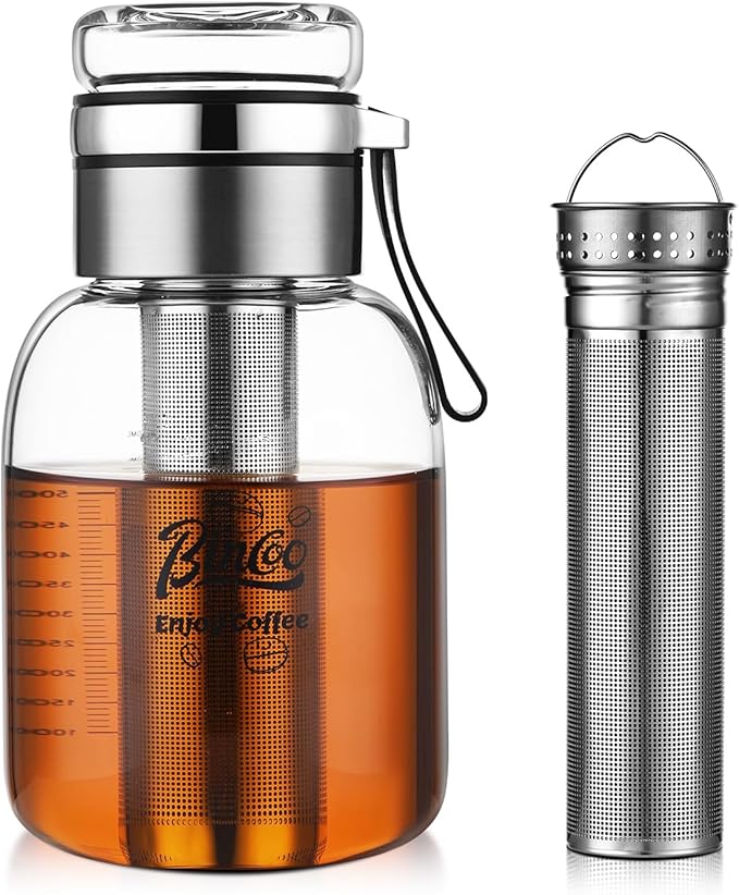 Bincoo Glass Cold Brew Coffee Maker with Extended Fine Mesh Filter Tea Infuser Bottle Iced Coffee Maker with Thick Borosilicate Glas