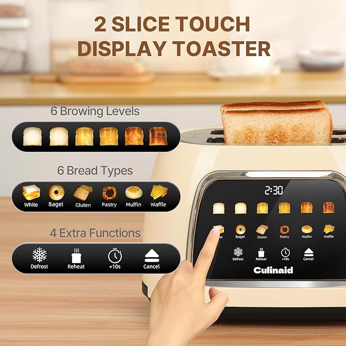 Toaster 2 Slice Smart Touch Screen Retro 1.5'' Extra Wide Slot Stainless Steel Digital Bread Toaster with Memory Function Bagel Defrost 6 Browning Levels and Removable Crumb Tray Cream