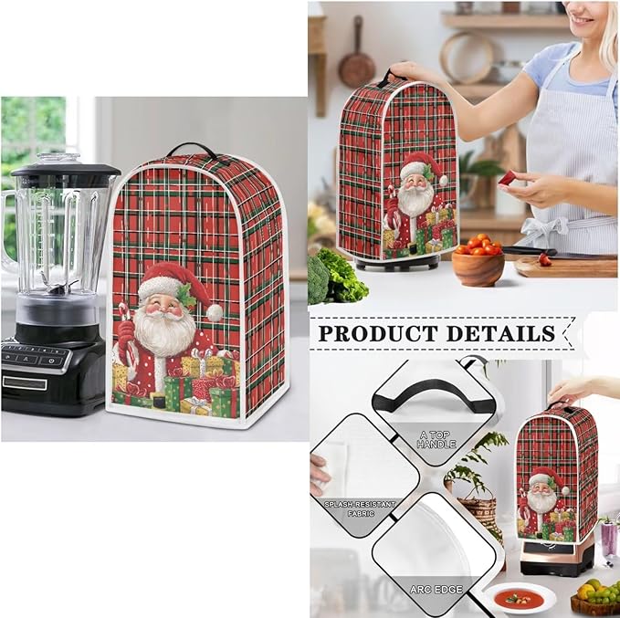 Santa Plaid Pattern Toaster Covers 4 Slice Wide Slot3Pcs Set Christmas Bread Machine Cover Slow Cookers Cover Blender Covers with Top Handle and Accessories Pocket Counter Decor (Red)