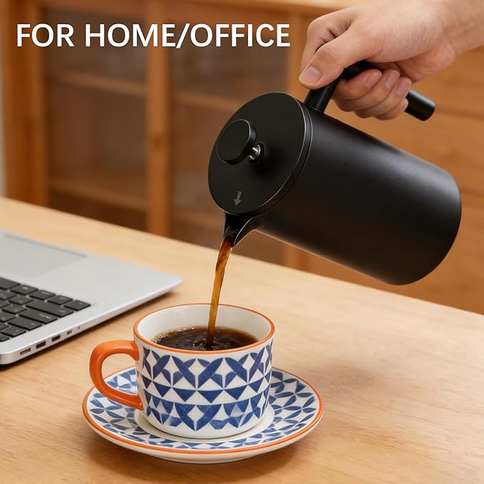 French Press Coffee Maker 304 Grade Stainless Steel French Press with 2 Extra Filters for Home Office Travel Camping - 34OZ/2 Litre (Black)