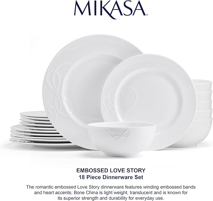 Mikasa Love Story White Chip Resistant 18 Piece Dinnerware Set Service for 6
