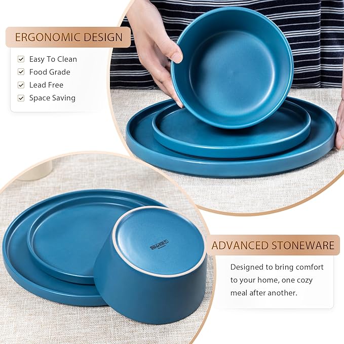 Plates and Bowls Sets for 4 - CJDC-QUELO 16 Piece Stoneware Dinnerware Sets with Mugs Ceramic Dishware Sets for Kitchen Dining Use Chip and Scratch Resistant Microwave Dishwasher Safe Blue