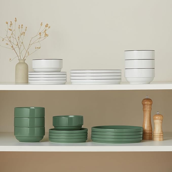 Ceramic Dinnerware Set 12-Piece Service for 4 Round Microwave and Dishwasher Safe Cambridge Classics (Dusty Jade)
