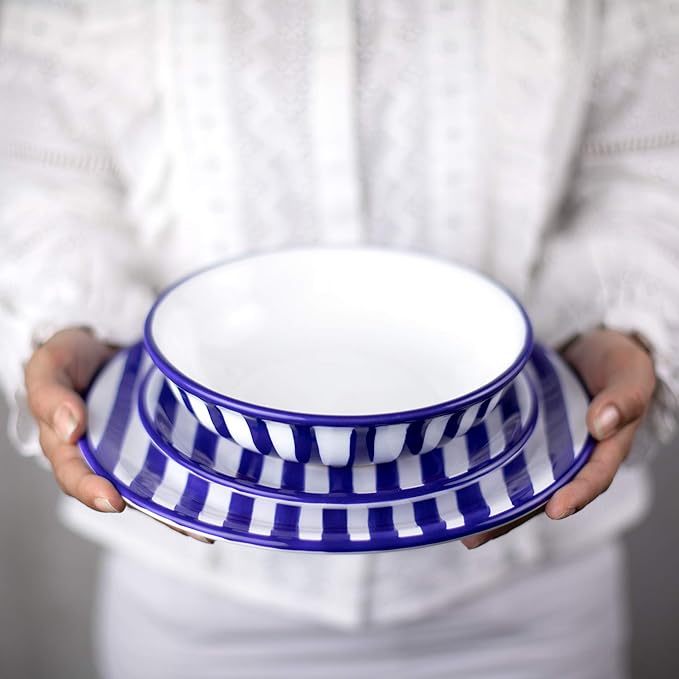 Handmade Dark Navy Blue Stripe Ceramic 12 piece Dinnerware Set | Pottery Tableware Service for 4 | Dinner Plates | Side Plates | Bowls | Housewarming Gift by City to Cottage®