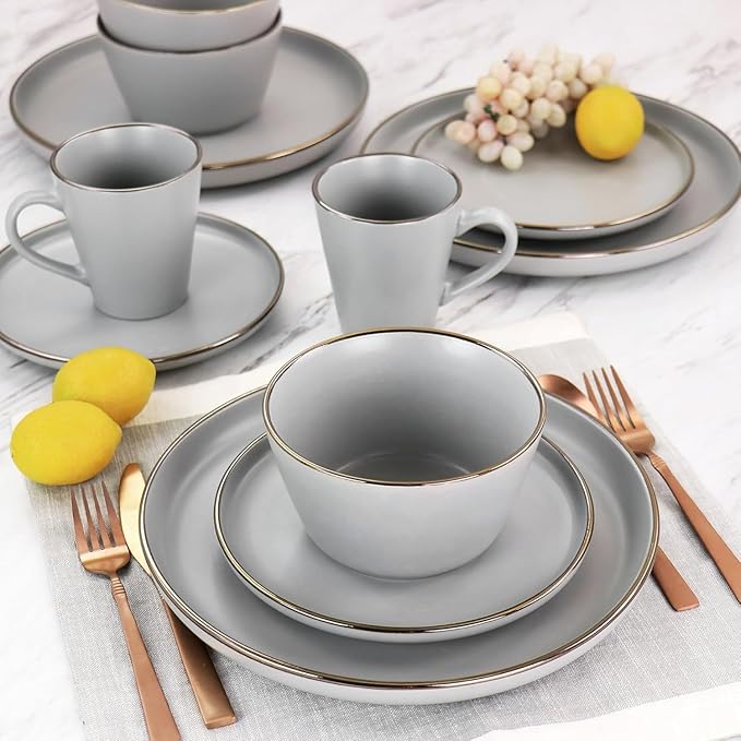 16 Piece Stoneware Dinnerware Set with Gold Rim – Matte Black White &amp Slate Plates Bowls and Mugs – Microwave &amp Dishwasher Safe Tableware Set for 4 (Matte Slate)