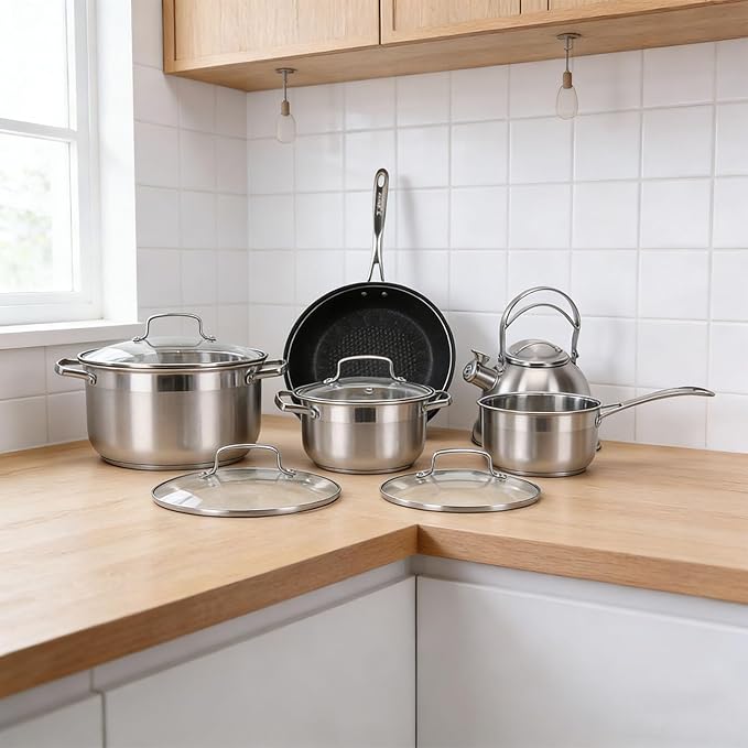 Stainless Steel Cookware Set 10 Piece Pots and Pans Kitchen Set with 3 Saucepans 1 Milk Pot 1 Frying Pan Kettle 2 Spoons Spatula 5 Lids