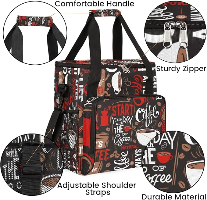 Keurig K-Mini Plus Portable Single Serve Coffee Brewer Case with Pockets for K-cup Pods - Brown and Red Travel Carrying Storage Tote Bag