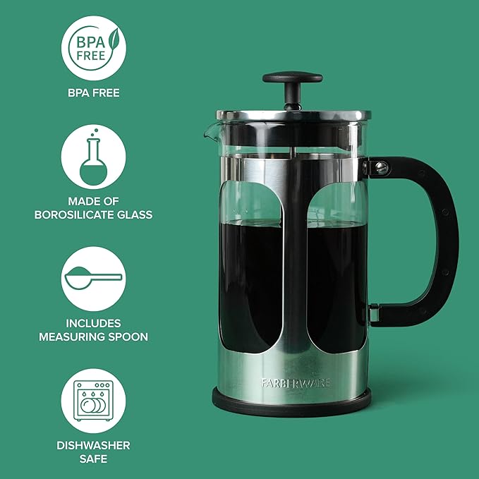 Farberware French Press Coffee Maker Tea &amp Espresso Maker Stainless Steel Cold Brew Press Heat-Resistant Borosilicate Glass BPA-Free Measuring Spoon Included 8 Cup Capacity (Stainless)