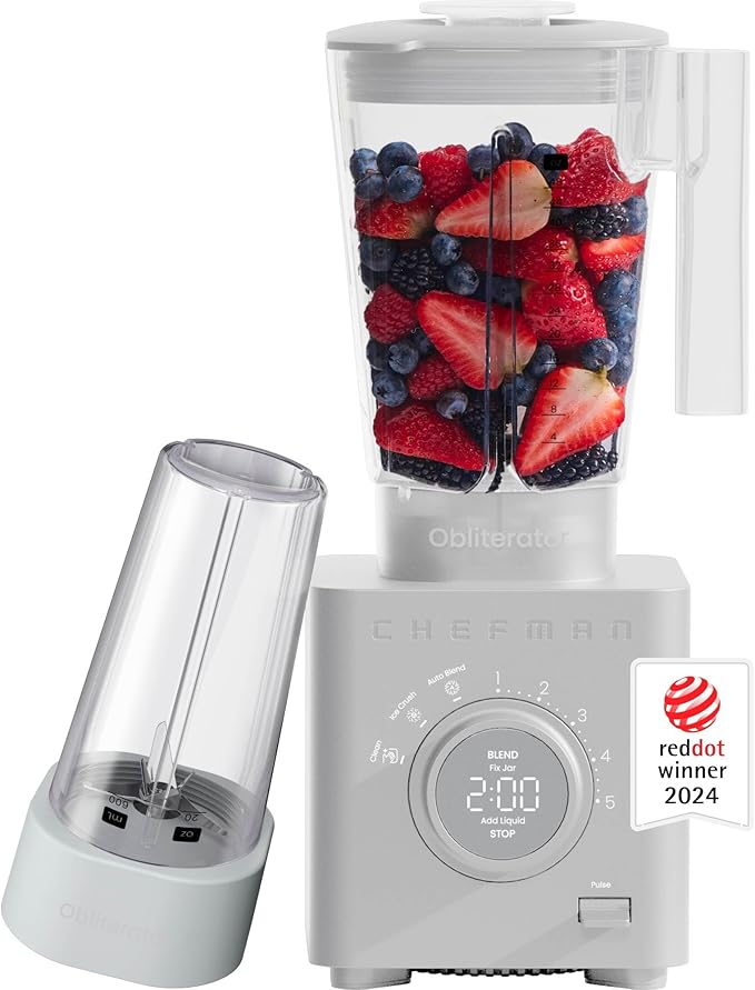 Chefman Obliterator 48 oz Countertop Blender for Smoothies 1380W Motor to Crush Ice Nuts and Frozen Fruit with Stainless Steel Blade Auto Blend Function Includes 20 oz Travel Jar - Concrete