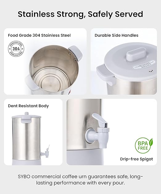 SYBO 40 Cup Coffee Urn Commercial Grade Stainless Steel Percolate Coffee Maker Removable Filter Easy to Clean Hot Water Urn for Catering Hot Beverage Dispenser with Cool-Touch Handles 6L Grey