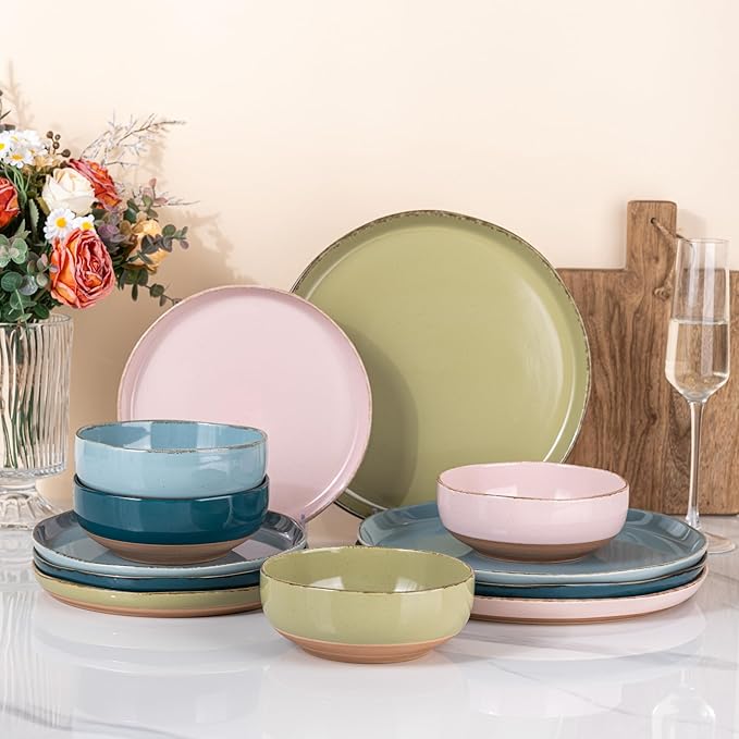 AmorArc Ceramic Dinnerware Sets for 4 12 Pieces Handpainted Plates and Bowls Set with Rustic Terracotta Underside Scratch Resistant Stoneware Dishes Set Dishwasher &amp Microwave Safe Multi-Color