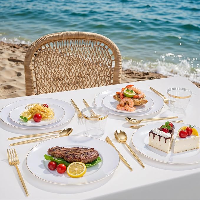 bUCLA 150PCS White and Gold Plastic Plates Disposable - 25 Guests Gold Dinnerware Set - Include 25 Each (Dinner &amp Dessert) Plates 25 Knives 25 Forks 25 Spoons &amp 25 Cups for Party