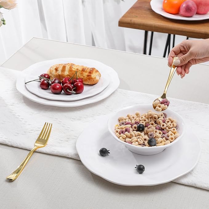 White Melamine Dinnerware Set 18 Pcs Lightweight and Unbreakable Outdoor Plates and Bowls Sets Camping Melamine Dishes Set for 6 Chip Resistant Kitchen Plates for Indoor and Outdoor Use