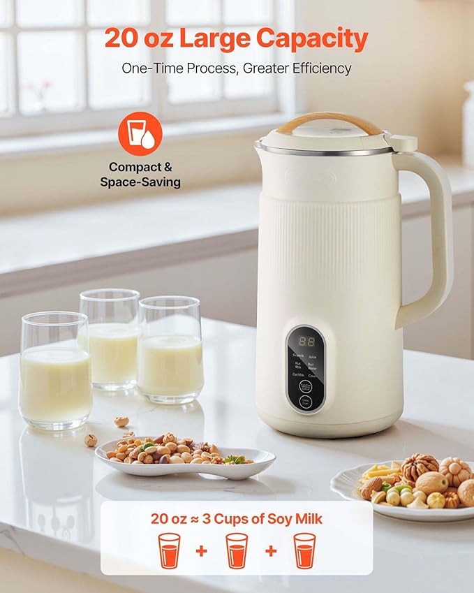 Nut Milk Maker 20oz Soy Milk Machine - 6-in-1 Oat Almond Rice Milk Juice Boil Water Self-Cleaning 12-Hour Delay Plant-Based Beverage Maker