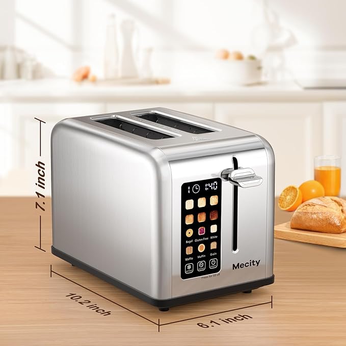 Mecity 2 Slice Toaster Touch Screen 1.5 Wide Slot Stainless Steel Smart Bread Toaster for Bagel Muffin Waffle Gluten Free Breads Timer Defrost Reheat 120V 825W