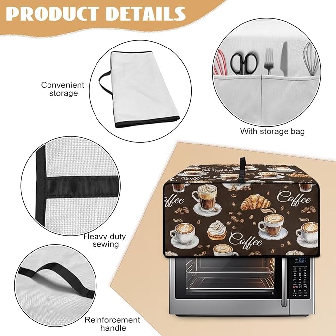 Dustproof Toaster Oven Cover Heat-Resistant Microwave Grill Cover Protector Faux Linen Polyester Dust Covers Case Protections for Toaster Oven Coffee Croissant