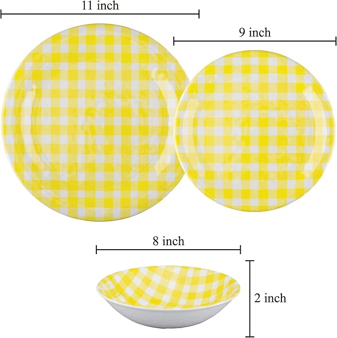 UPware 12 Piece Gingham Melamine Dinnerware Sets Outdoor Dishes Set Plates and Bowls Sets Service for 4 Yellow