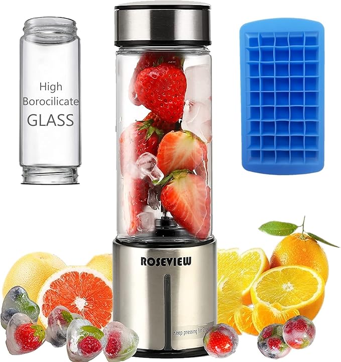 Portable Smoothie Blender ROSEVIEW Glass Cordless Mini Shakes Cup blend for smoothies USB rechargeable juicer 2 battery Handheld Personal travel Jet mixer (Metallic)