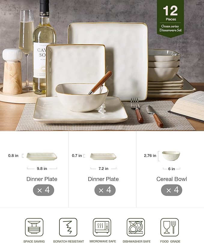 Famiware Dinnerware Sets for 4 Ocean Square 12-Piece Kitchen Plates and Bowls Sets Microwave and Dishwasher Safe Scratch Resistant Vanilla White