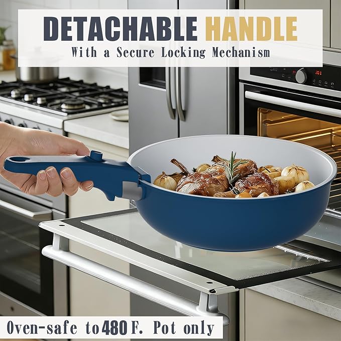 Umite Chef Pots and Pans Set Non Stick 21 pcs Ceramic Cookware Set with Detachable Handles Healthy Induction Cookware Oven Safe RV Kitchen Cooking Set with Utensils PFAS PFOA &amp PTFE Free Navy