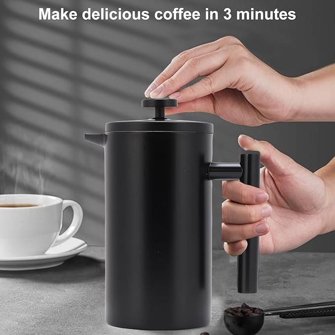 Enfmay 1000ml French Press Coffee Maker 304 Stainless Steel Double Wall Insulated Coffee Maker Pot Triple Filtration System for Optimal Brew Coffee Tea Maker for Home Office Camping
