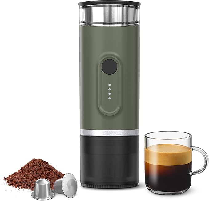 Portable Electric Espresso Machine Self-Heating Travel Coffee Maker with USB-C Compatible with Ground Coffee &amp NS Capsules Ideal for Camping Car RV Hiking &amp Office (Army Green)