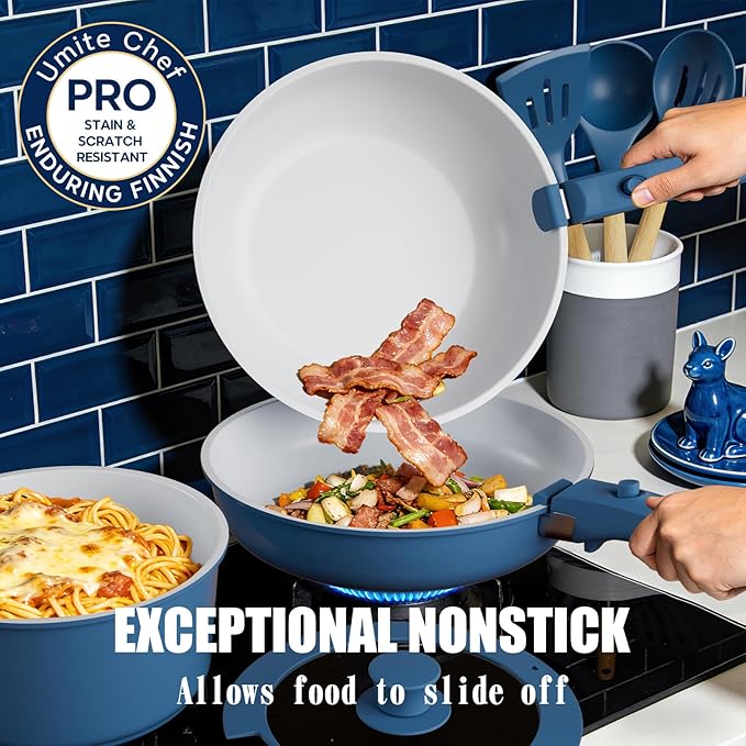 Umite Chef Pots and Pans Set Non Stick 21 pcs Ceramic Cookware Set with Detachable Handles Healthy Induction Cookware Oven Safe RV Kitchen Cooking Set with Utensils PFAS PFOA &amp PTFE Free Navy