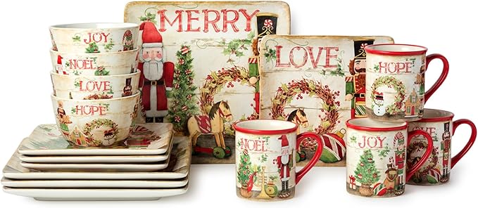 Nutcracker Parade Christmas 16 pc Dinnerware Set Service for 4 – Vintage Holiday Plates Mugs &amp Bowls – Santa Nutcracker Reindeer Art – Festive Tableware Service for 4