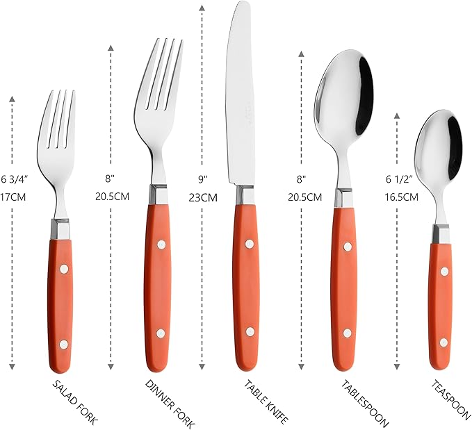 ANNOVA Silverware Set Retro/Rivet Colorful Stainless Steel Tableware Kitchen Flatware Set Utensils Includes Dinner Knives Forks Spoons Salad Forks &amp Dessert Spoons (Orange 20 Pieces)