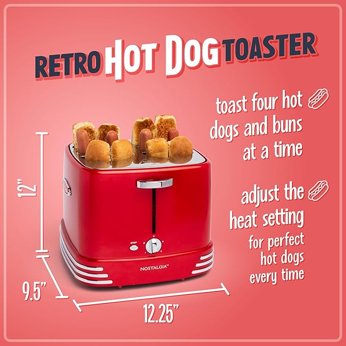 Nostalgia 4 Slot Hot Dog and Bun Toaster with Mini Tongs Hot Dog Toaster Works with Chicken Turkey Veggie Links Sausages and Brats Metallic Red