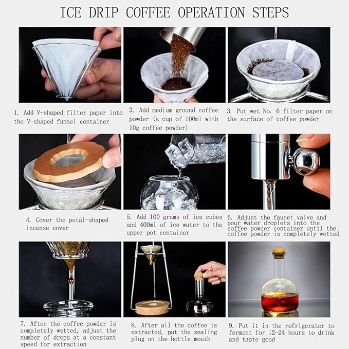 Habiba Iced Drip Coffee Maker Durable Cold Brew Coffee Maker 500ML/16.9oz 4-6 Cups Iced Drip Coffee Maker Coffee Maker with Adjustable Dripper ＆ Filter Reusable