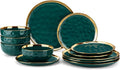 LOVECASA 12 Pieces Plates and Bowls Sets Porcelain Green and Gold Dinnerware Sets Round Dinner Plates Dishes Set Service for 4 Dishwasher Safe and Scratch Resistant Green