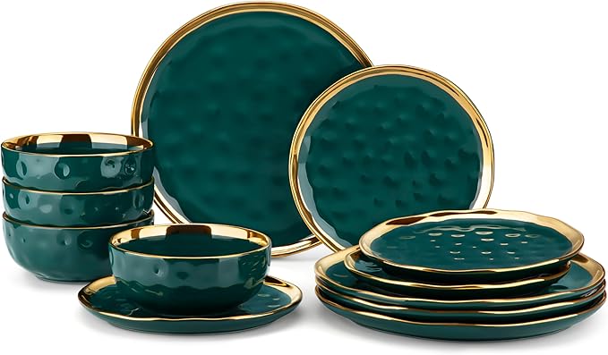 LOVECASA 12 Pieces Plates and Bowls Sets Porcelain Green and Gold Dinnerware Sets Round Dinner Plates Dishes Set Service for 4 Dishwasher Safe and Scratch Resistant Green