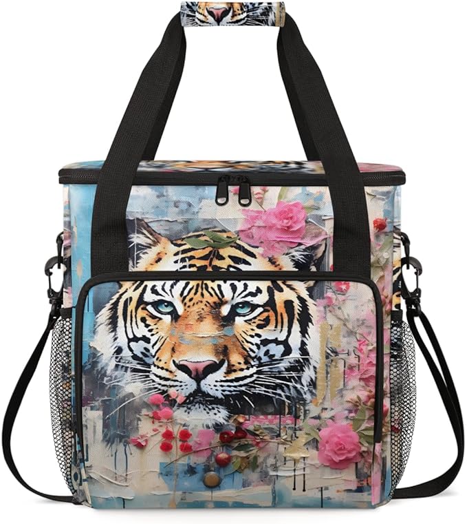 Oil Painting Tiger Coffee Maker Carrying Bag Graffiti Tiger Travel Storage Bag Compatible with K-Mini or K-Mini Plus Single Serve Coffee Brewer Carrying Case with Multiple Pockets &amp Shoulder Str