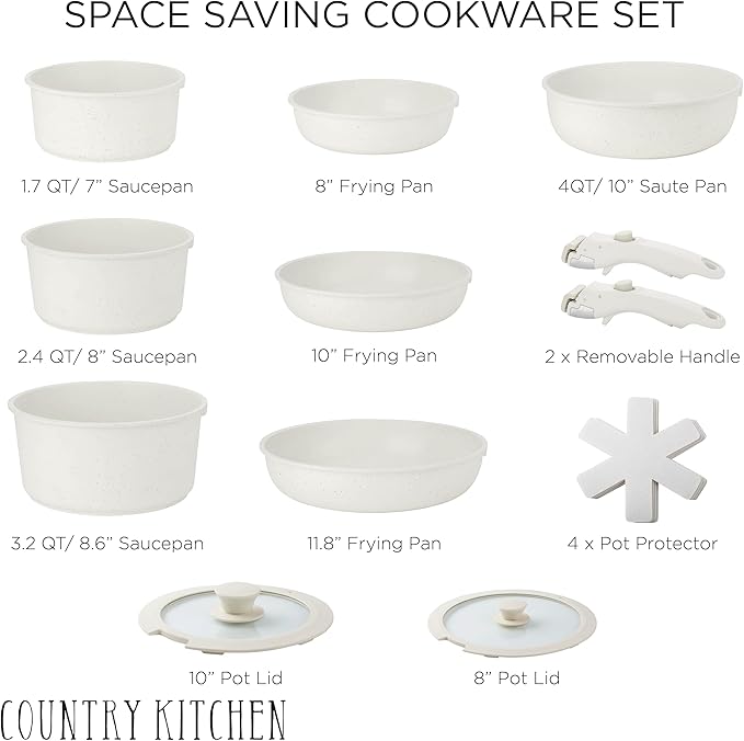 Country Kitchen Cookware Set with Removable Handle Oven &amp RV Safe Pots and Pans Set Cream Deluxe Larger Set