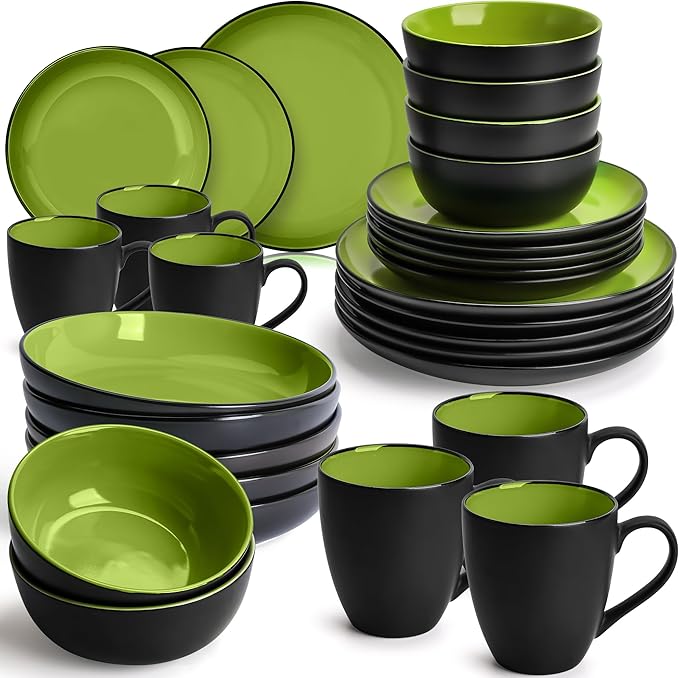 MIAMIO – Service for 6 Dishware Set/Stoneware Dinnerware Set – Including Plates Bowls and Mugs – Microwave &amp Dishwasher Safe – Le PaPillon Collection (Green 30-Pieces)