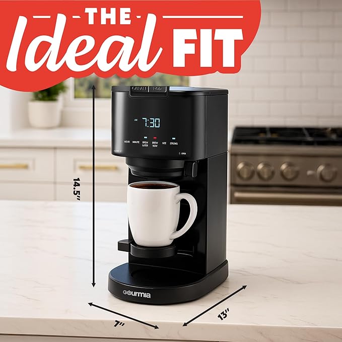 Gourmia 2-in-1 Single Serve and 12 Cup Coffee Maker - Drip Brew K-Cup Compatible Programmable Pause and Serve Removable Filter Thermal Carafe Black