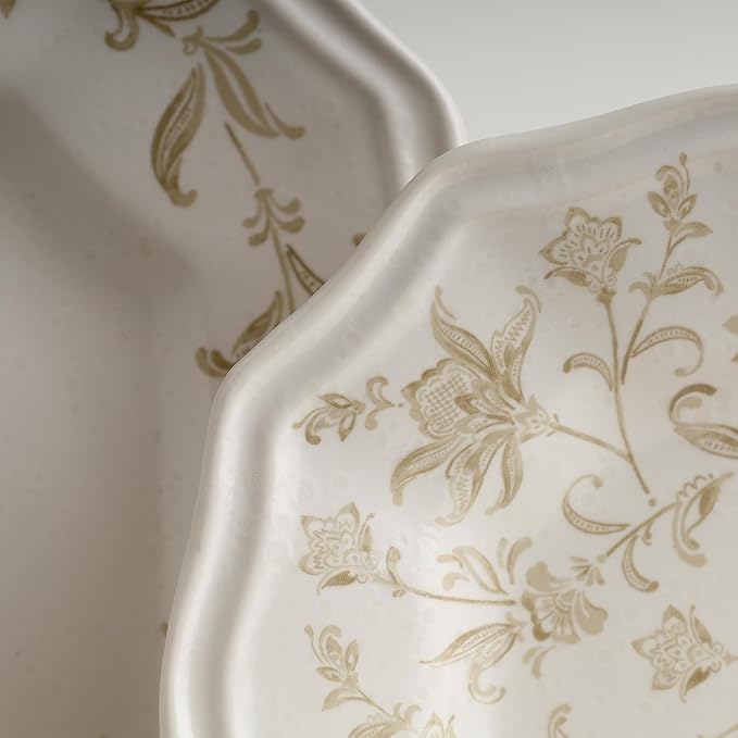 222 Fifth 12-Piece Porcelain Dinnerware Set for 4 Glossy Cream Plates and Bowls Set with Taupe Flowers Elegant Square Ceramic Dish Set Kitchen Tableware Microwave &amp Dishwasher Safe Batik Toil