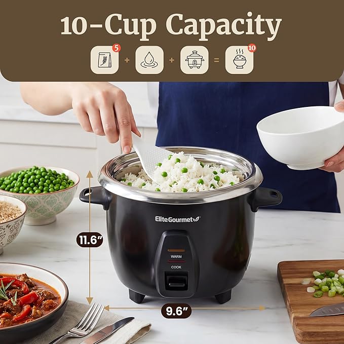 Elite Gourmet ERC2010B Electric Rice Cooker with Stainless Steel Inner Pot Makes Soups Stews Porridge's Grains and Cereals 10 cups cooked (5 Cups uncooked) Black
