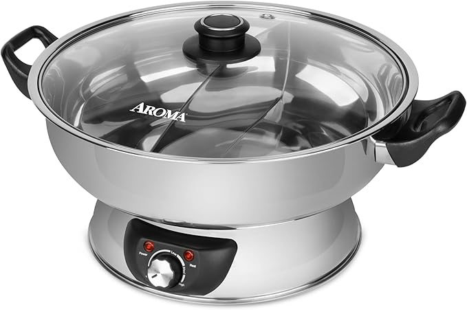 Aroma Housewares ASP-610 Dual-Sided Shabu Hot Pot 5Qt Stainless Steel Aroma Housewares 3 Uncooked/6 Cups Cooked Rice Cooker Steamer Multicooker 2-6 cups Black