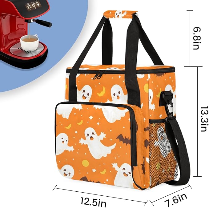 Cartoon Spooky Ghosts Coffee Maker Carrying Bag Portable Travel Storage Tote Bag Compatible with K-Mini or K-Mini Plus Single Serve Coffee Brewer Carrying Case with Multiple Pockets &amp Shoulder S